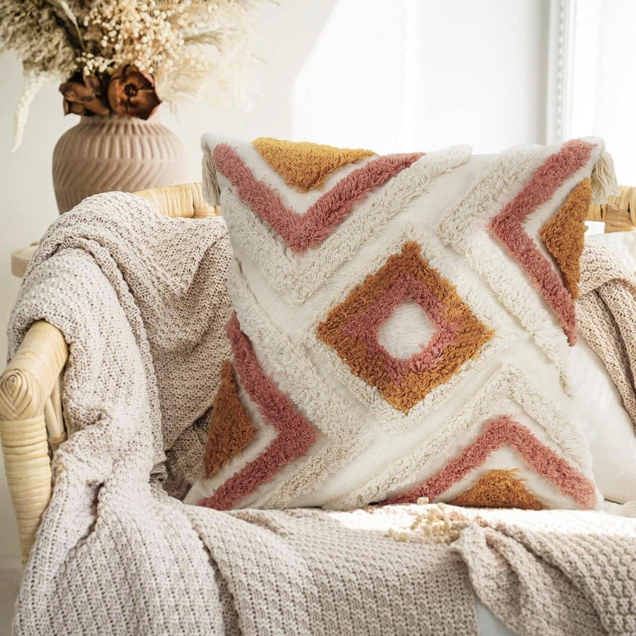 NEW Anthro Orange Diamond Boho Tassel Throw Pillow Case Cover Sham - 18" x 18"