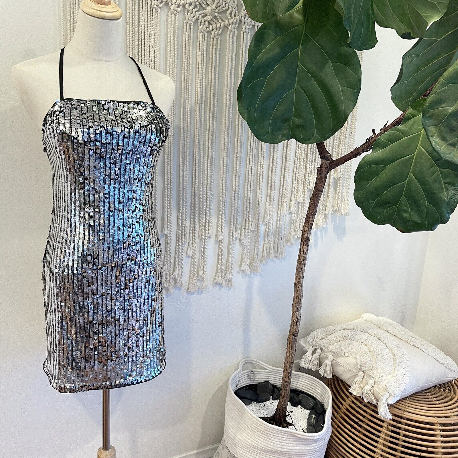 New Free People Silver Sequin Stretch Mini Cocktail Dress Party Gown - Medium