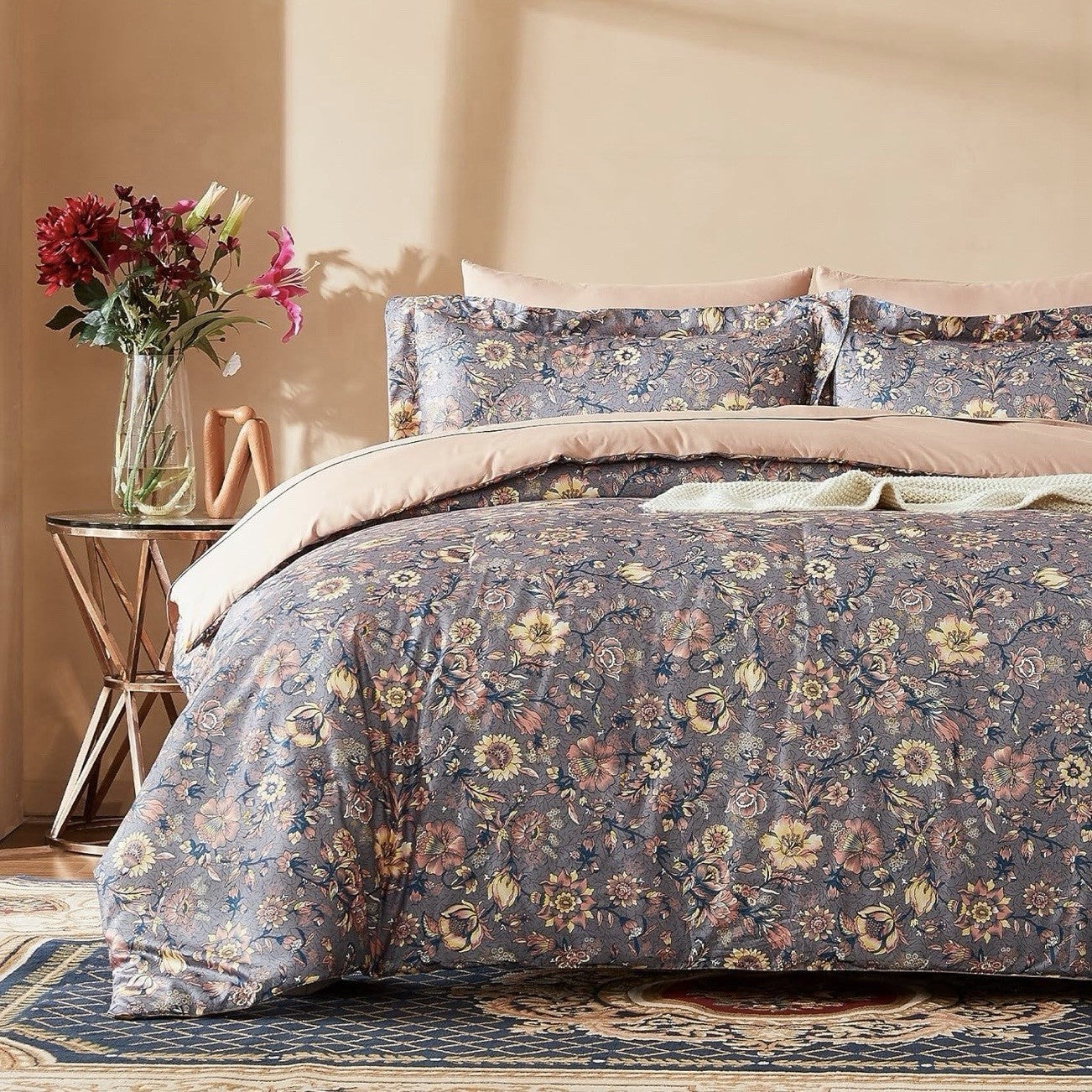 NEW Anthropologie Purple Silky Floral Boho Queen Size Comforter Bedding Sham Set