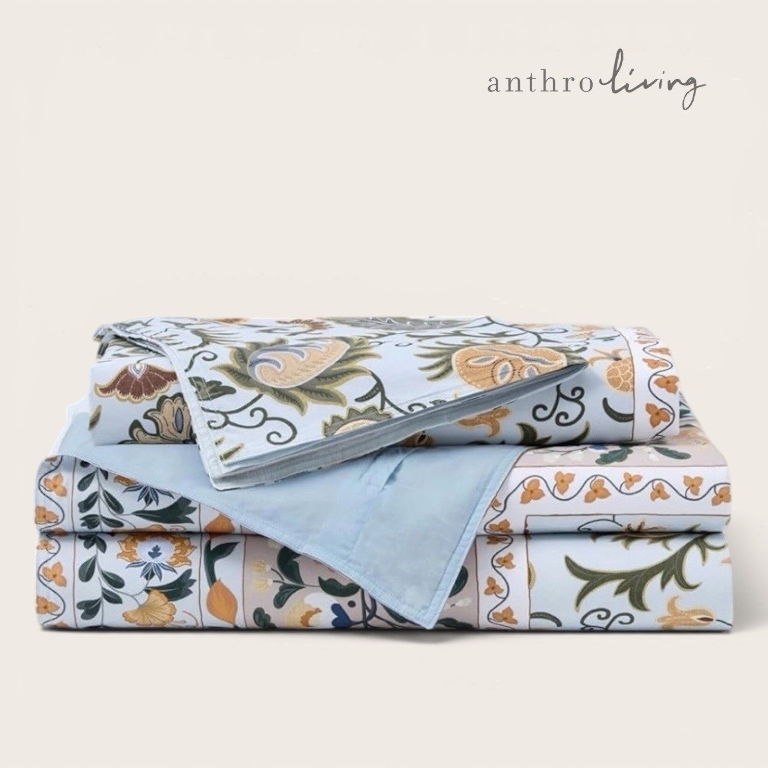 NEW Anthropologie Blue Floral Boho Cotton Queen / King Bedding Duvet & Sham Set