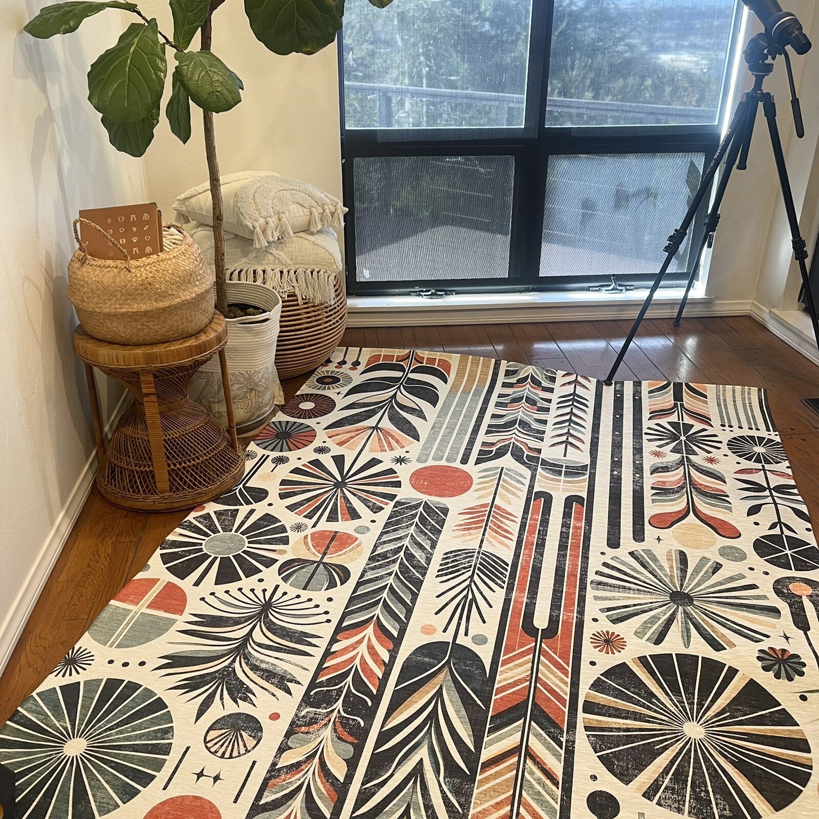 NEW Anthropologie Cream Boho Retro Floral Geometric Area Rug Carpet 5'7" x 4'