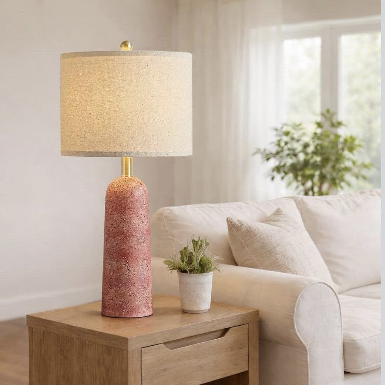 NEW Anthropologie Set of 2 Pink Resin Stone Boho Table Lamps Linen Lighting 27"