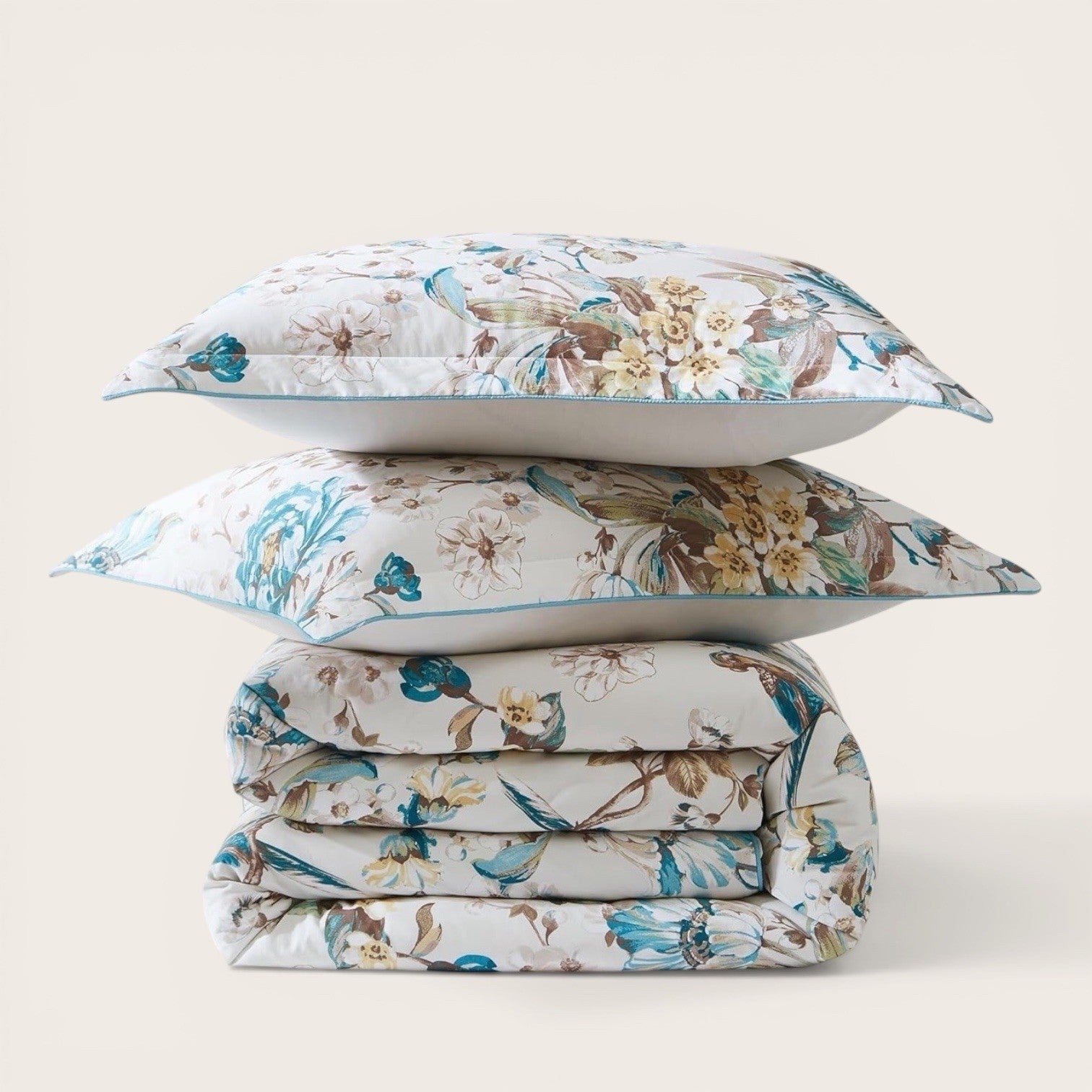 NEW Anthro White Blue Floral Bird Cotton Boho Queen King Bedding Duvet Sham Set