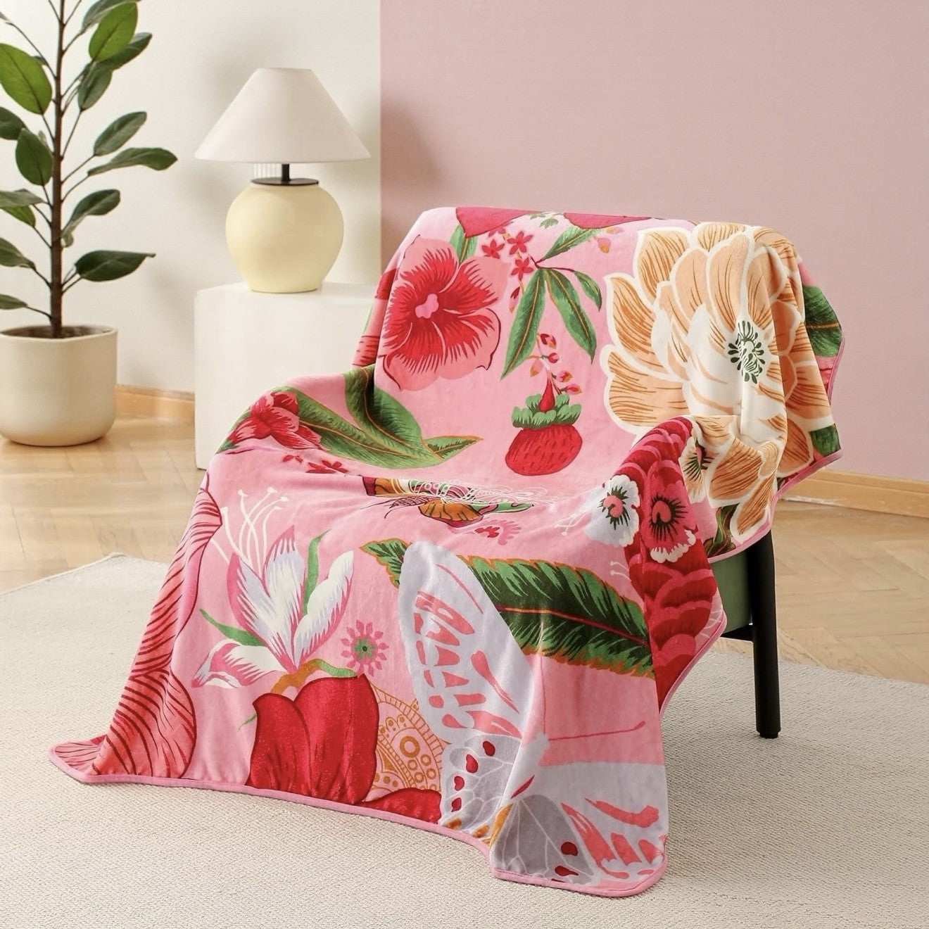 NEW Anthropologie XL Queen Boho Red Floral Fleece Throw Blanket Bedspread 90x90