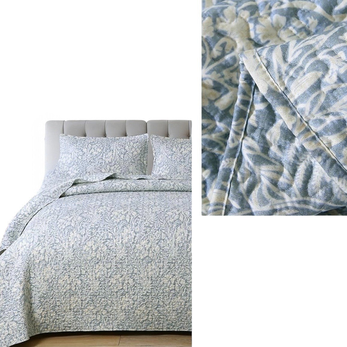 NEW West Elm Blue Botanical Boho Print Queen / King Bedding Quilt & Sham Set