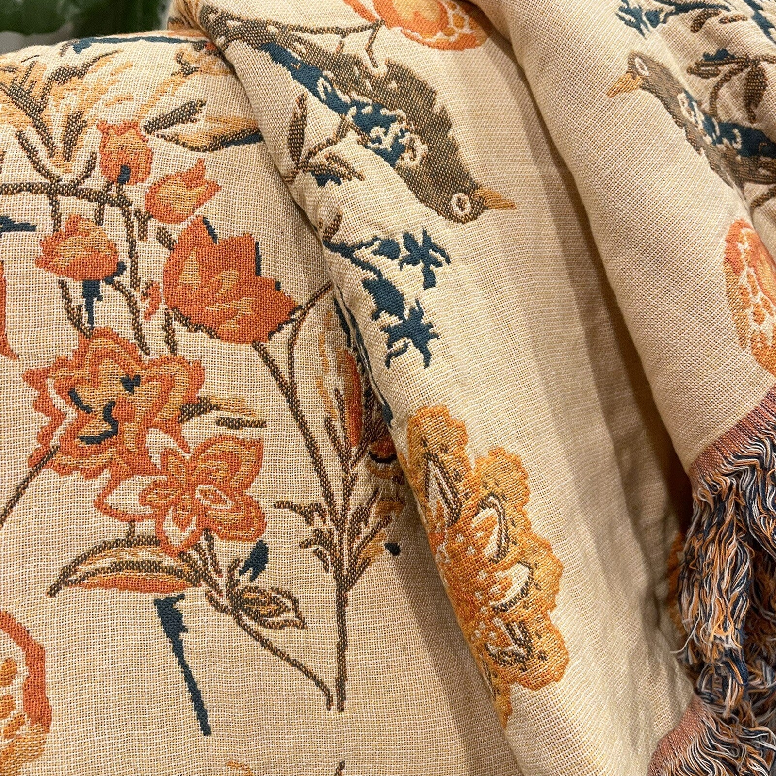 NEW Anthropologie Boho Floral Orange Teal Throw Blanket Bedspread Quilt 80 x 90
