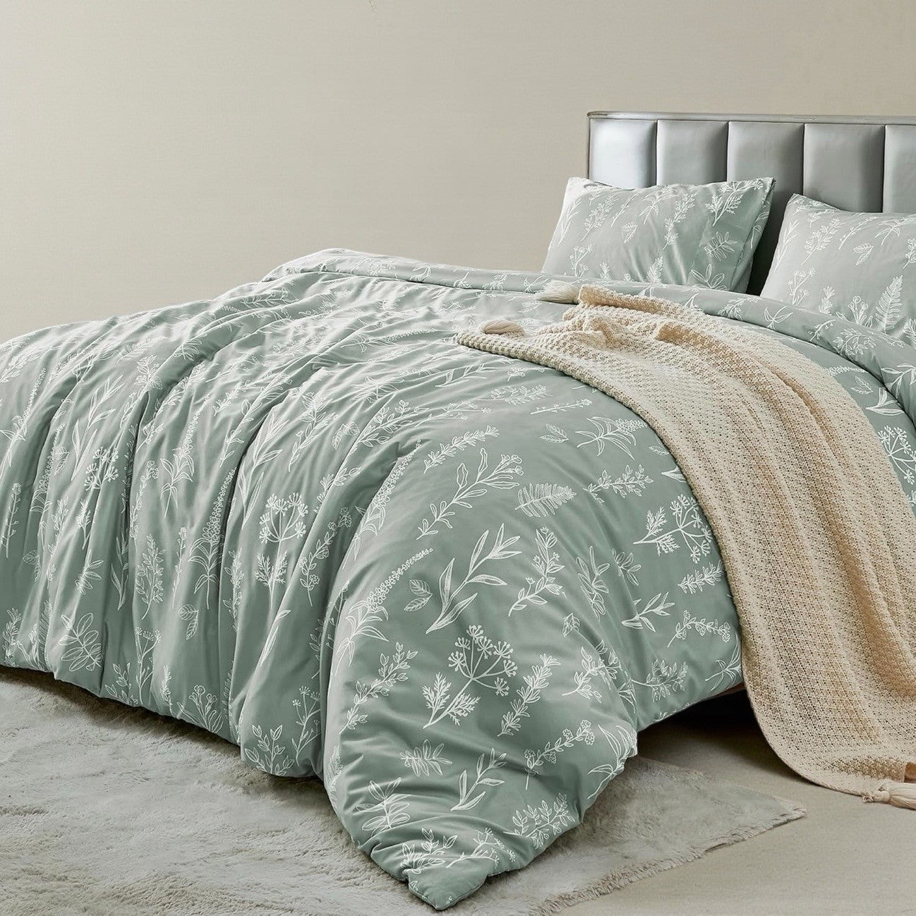 NEW Anthro Sage Green Botanical Print Boho Queen /King Bedding Duvet Sham Set