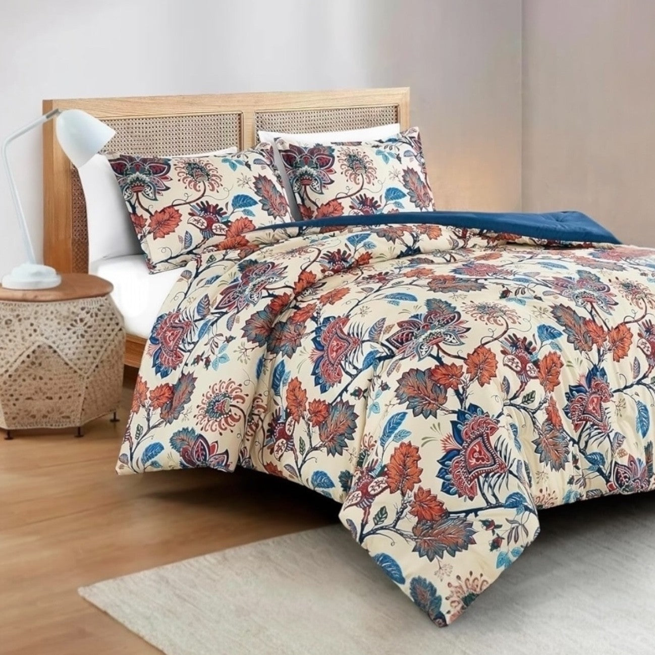 NEW Anthropologie Red Blue Floral Queen / King Boho Comforter Bedding & Sham Set