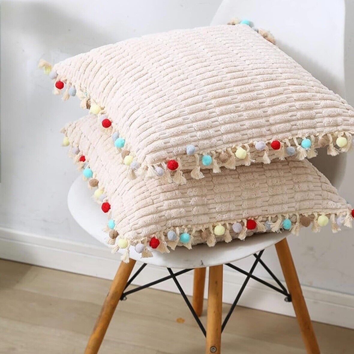 NEW Anthropologie (Set 2) Boho Tassel Pom Pom Throw Pillow Case Sham 12" x 20"