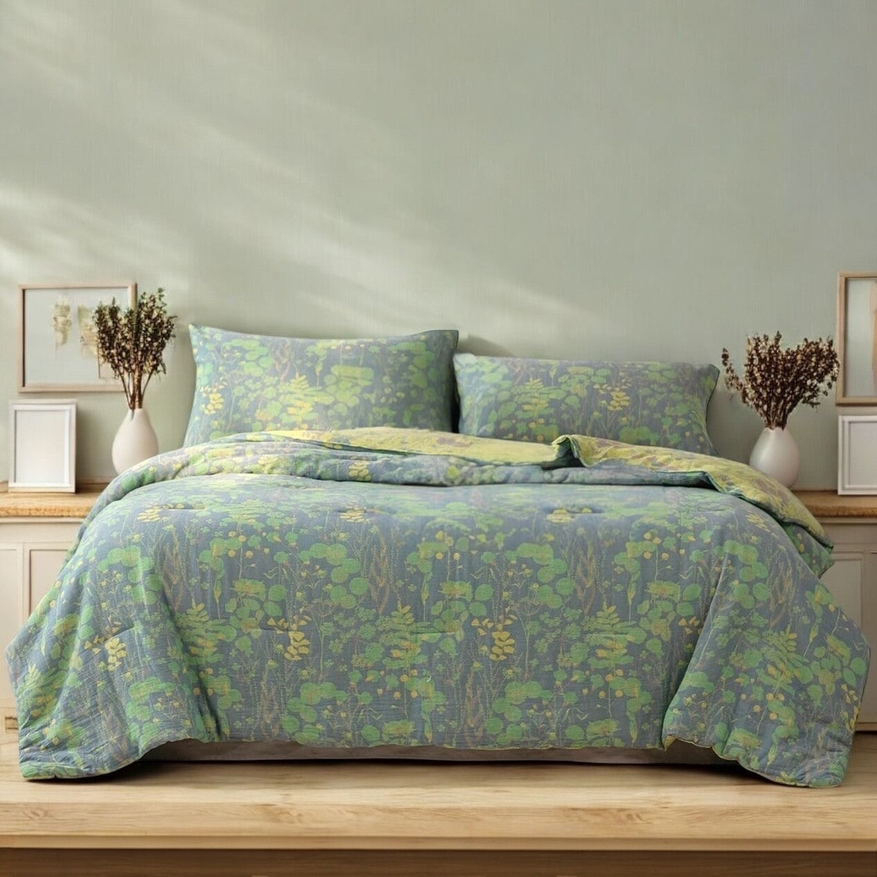NEW Anthro Blue Green Floral Reversible King Size Bedspread Blanket Sham Set