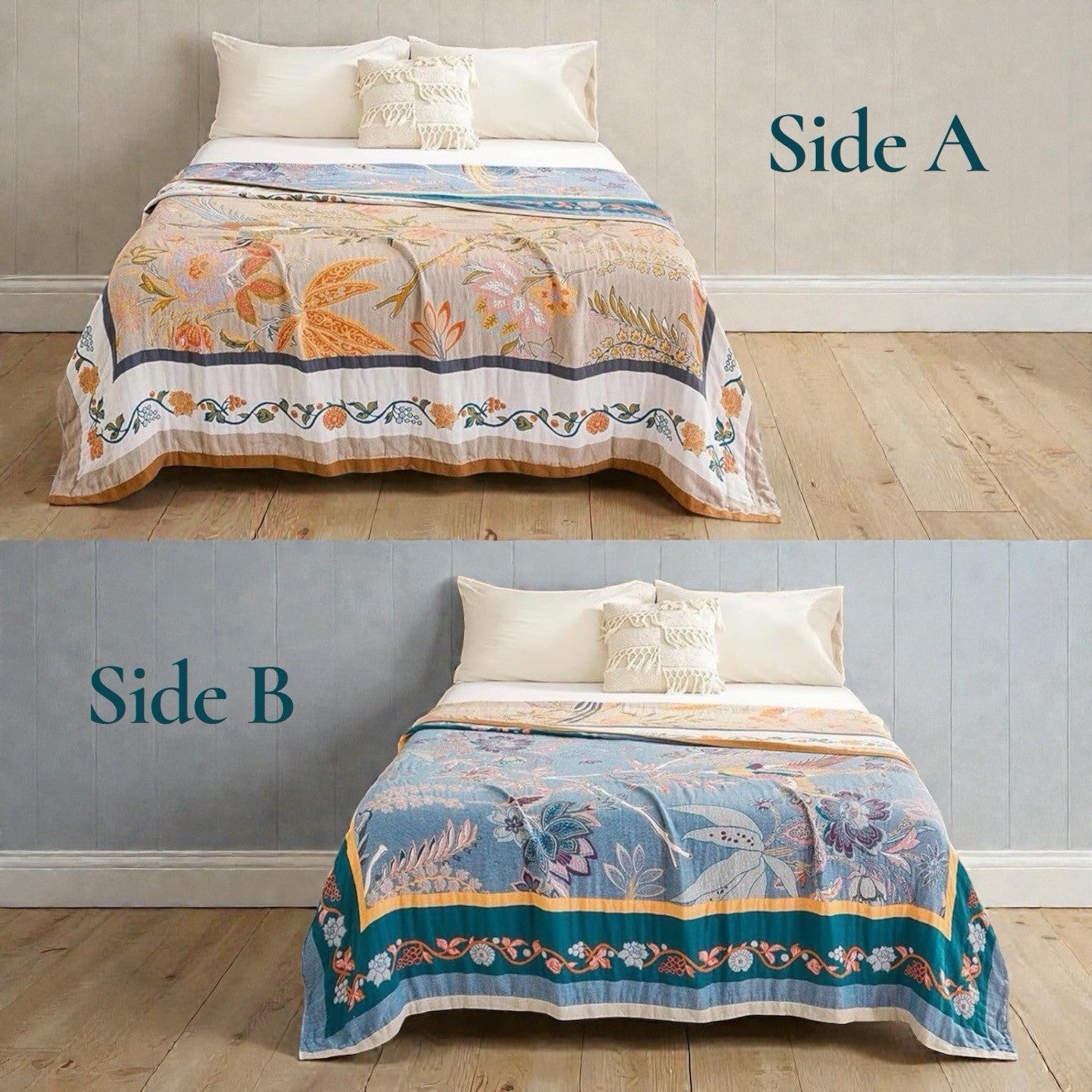 NEW Anthro XL Reversible Boho Bird Multicolor Queen / King Size Bedspread Quilt
