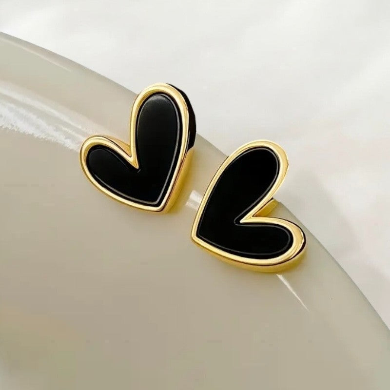 NEW Anthropologie Black & Gold Plated Boho Heart Stud Abstract Earrings Jewelry
