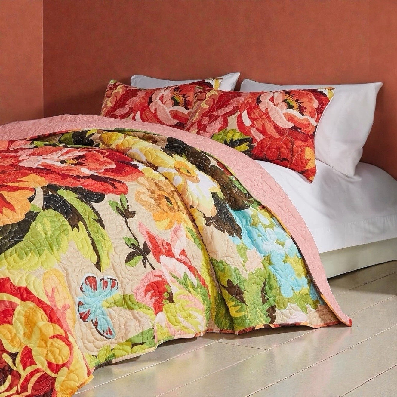 NEW Anthro Red Floral Reversible Boho Knit Queen / King Bedding Quilt & Sham Set