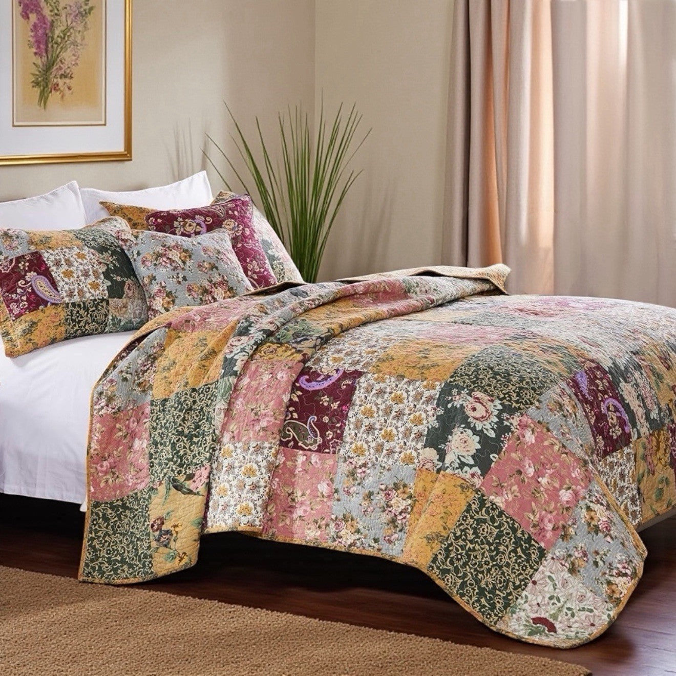 NEW Anthro Cotton Floral Reversible Patchwork Queen King Bedding Quilt Sham Set
