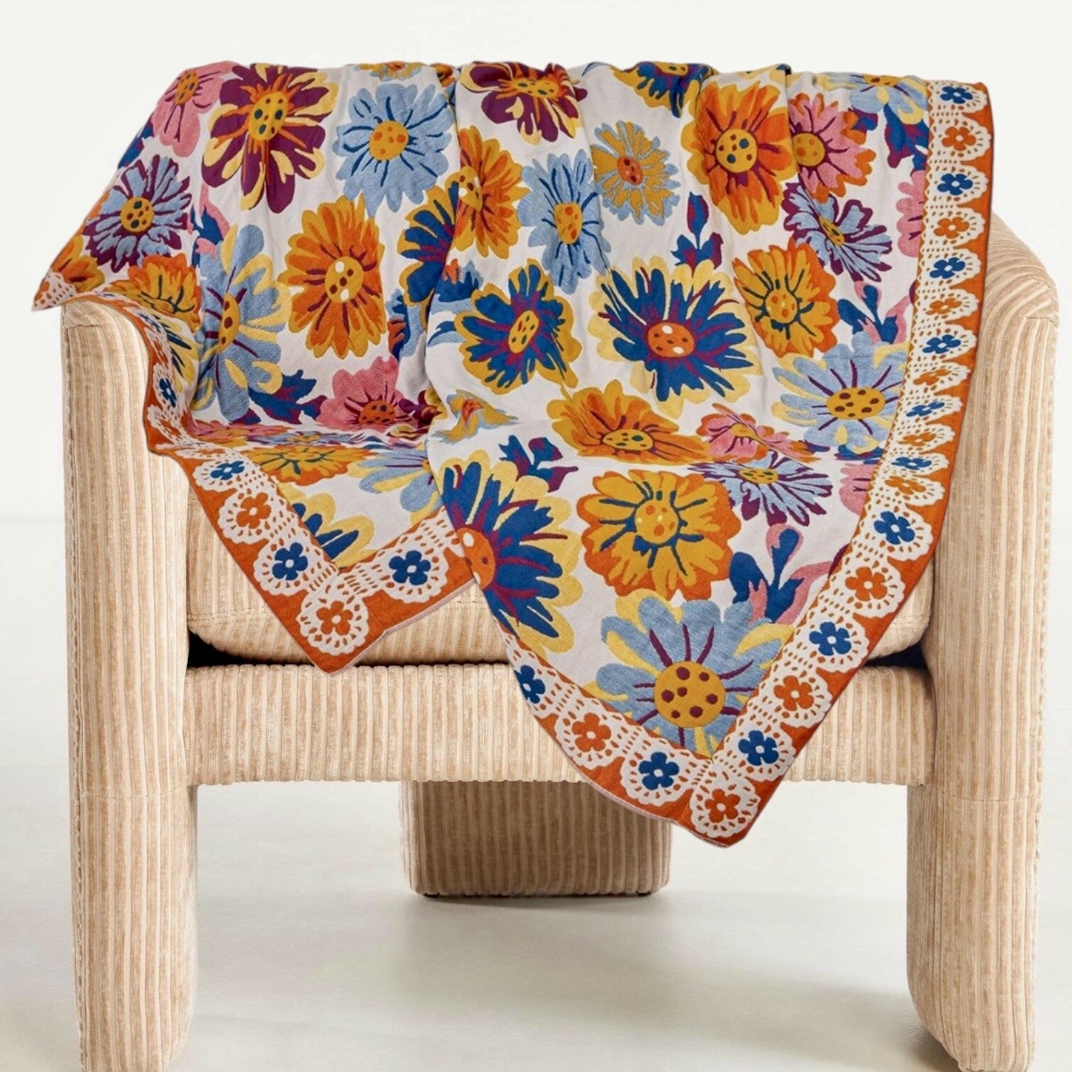 NEW Anthropologie XL Boho Floral Reversible Blanket Bedspread Quilt - 80" x 92"