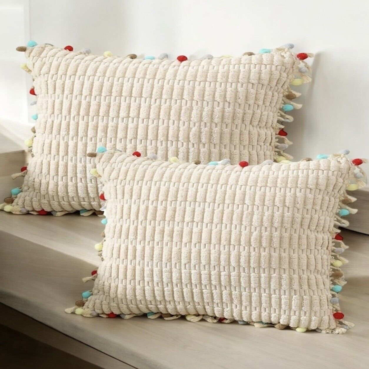NEW Anthropologie (Set 2) Boho Tassel Pom Pom Throw Pillow Case Sham 12" x 20"