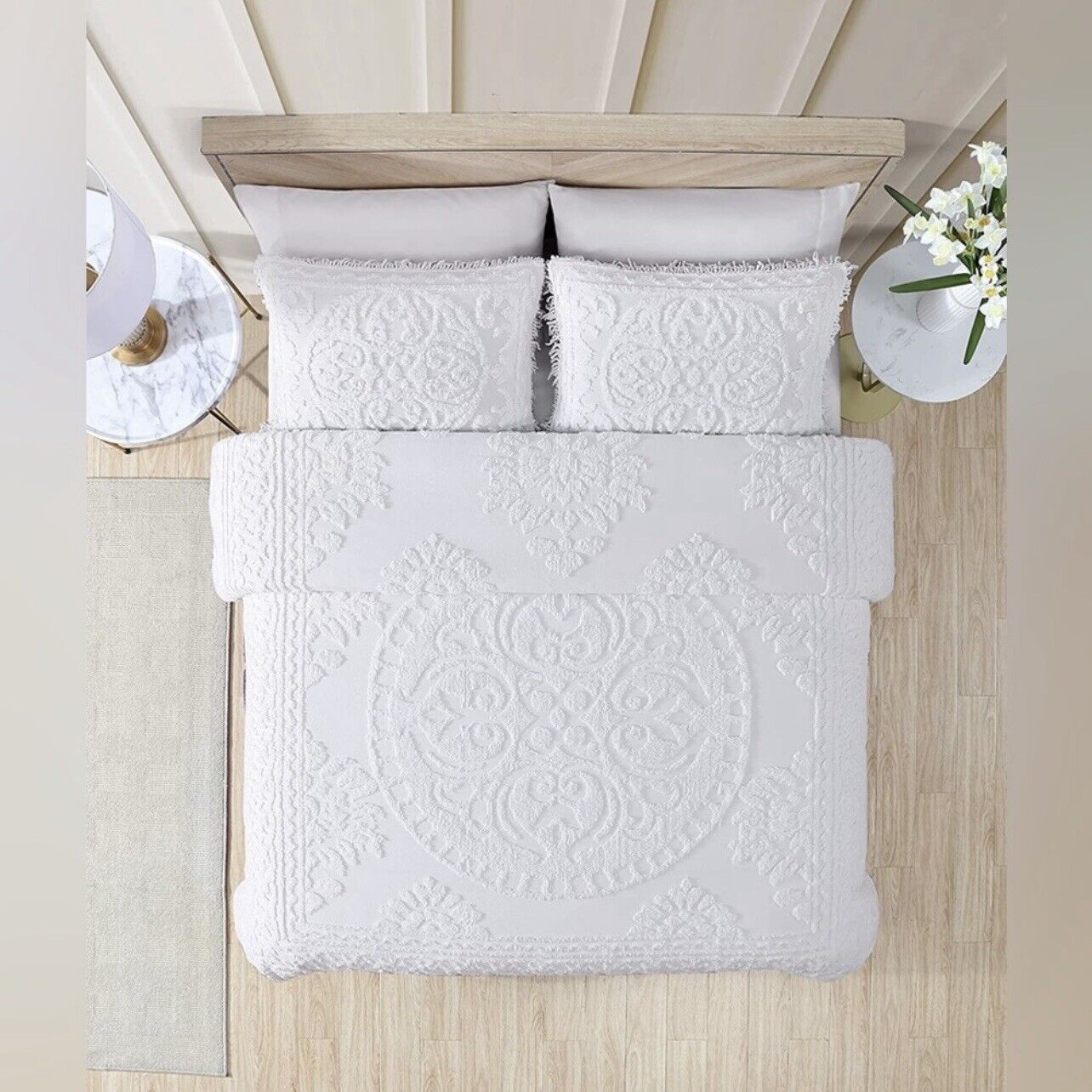 New Anthropologie White Queen King Damask Quilt Bedspread Blanket & Sham Set