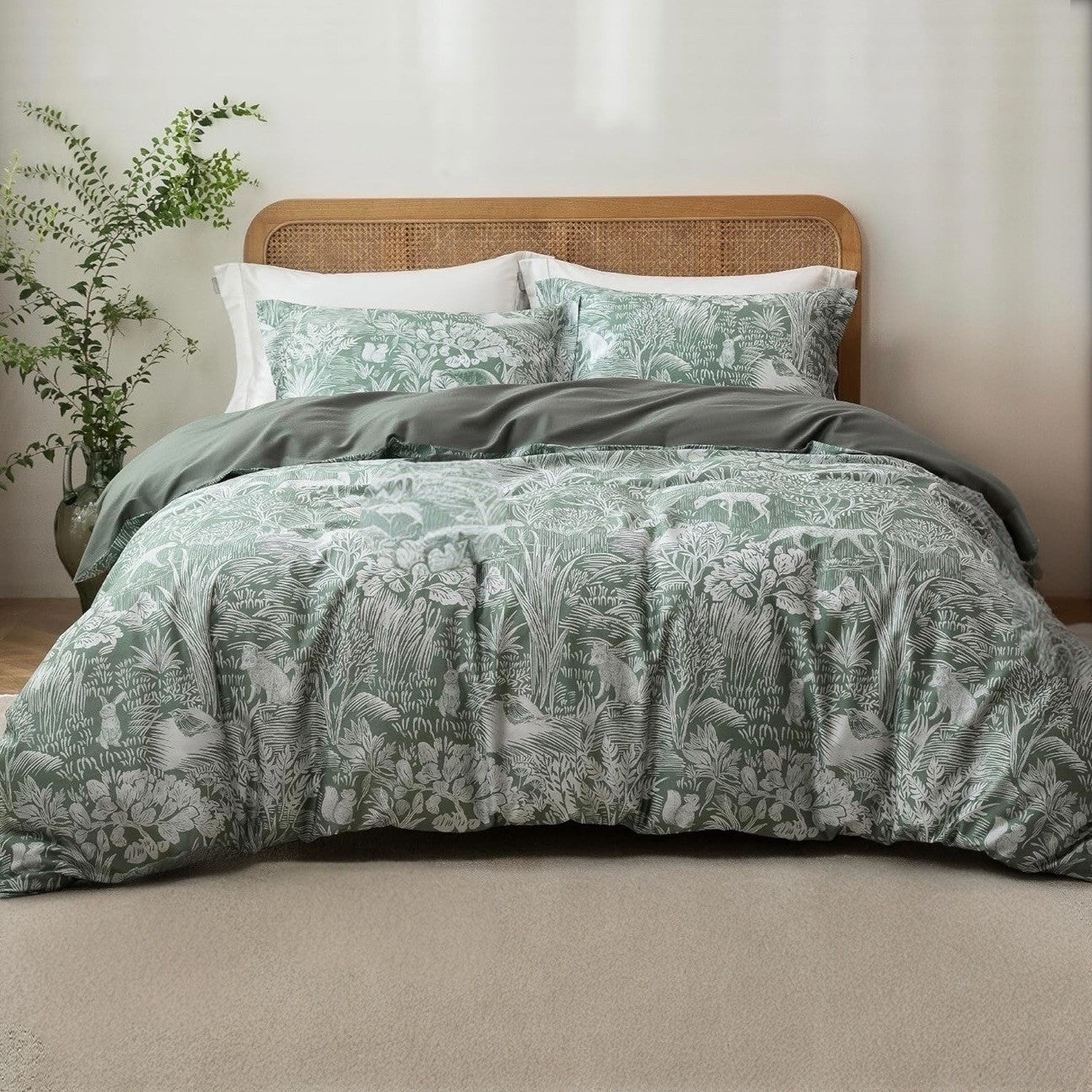 NEW Anthro Green Floral Botanical Full Queen King Cotton Bedding Duvet Sham Set