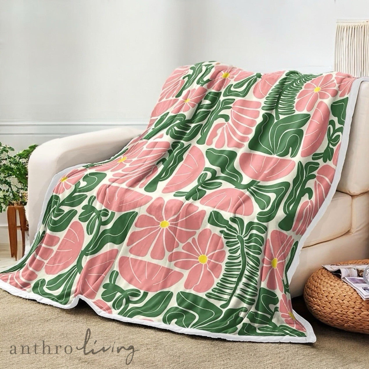 NEW Anthropologie Retro Floral Fleece Throw Blanket Bedspread Bedding 60" x 80"