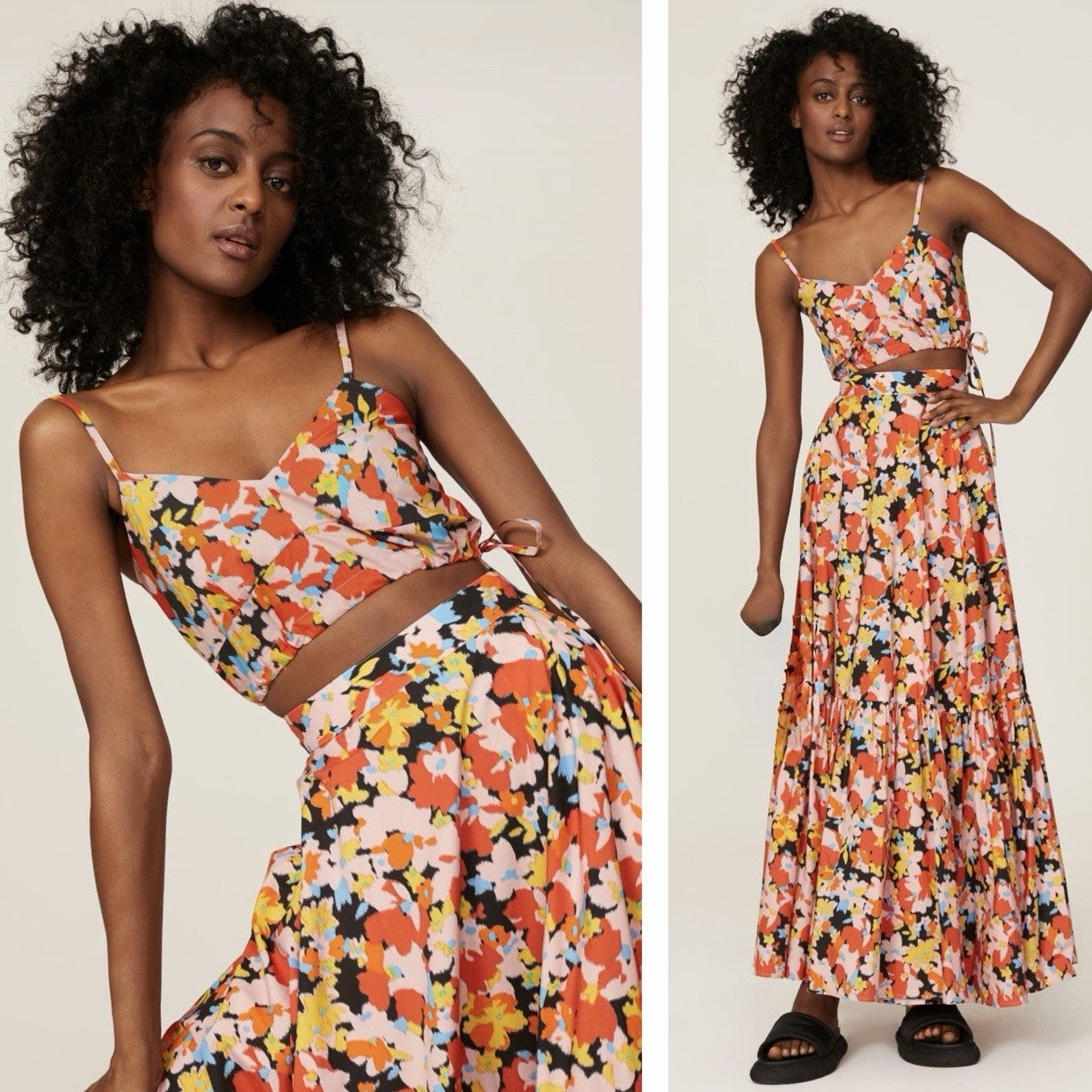 Plan C Orange Boho Floral Crop Top & Matching Maxi Skirt Set Size Large 10 / 12
