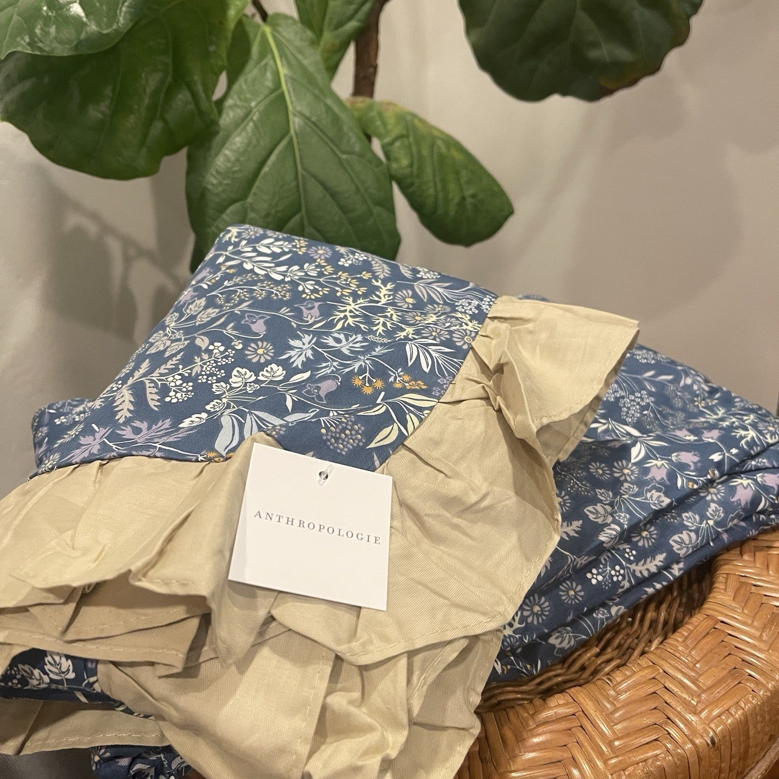 NEW Anthro Blue Yellow Floral Boho Ruffle Queen King Size Bedding Duvet Sham Set