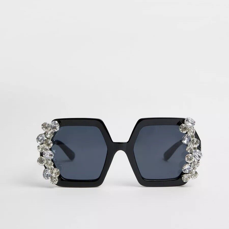 NEW Free People Black Oversized Bedazzled Rhinestone Tinted Square Sunglasses