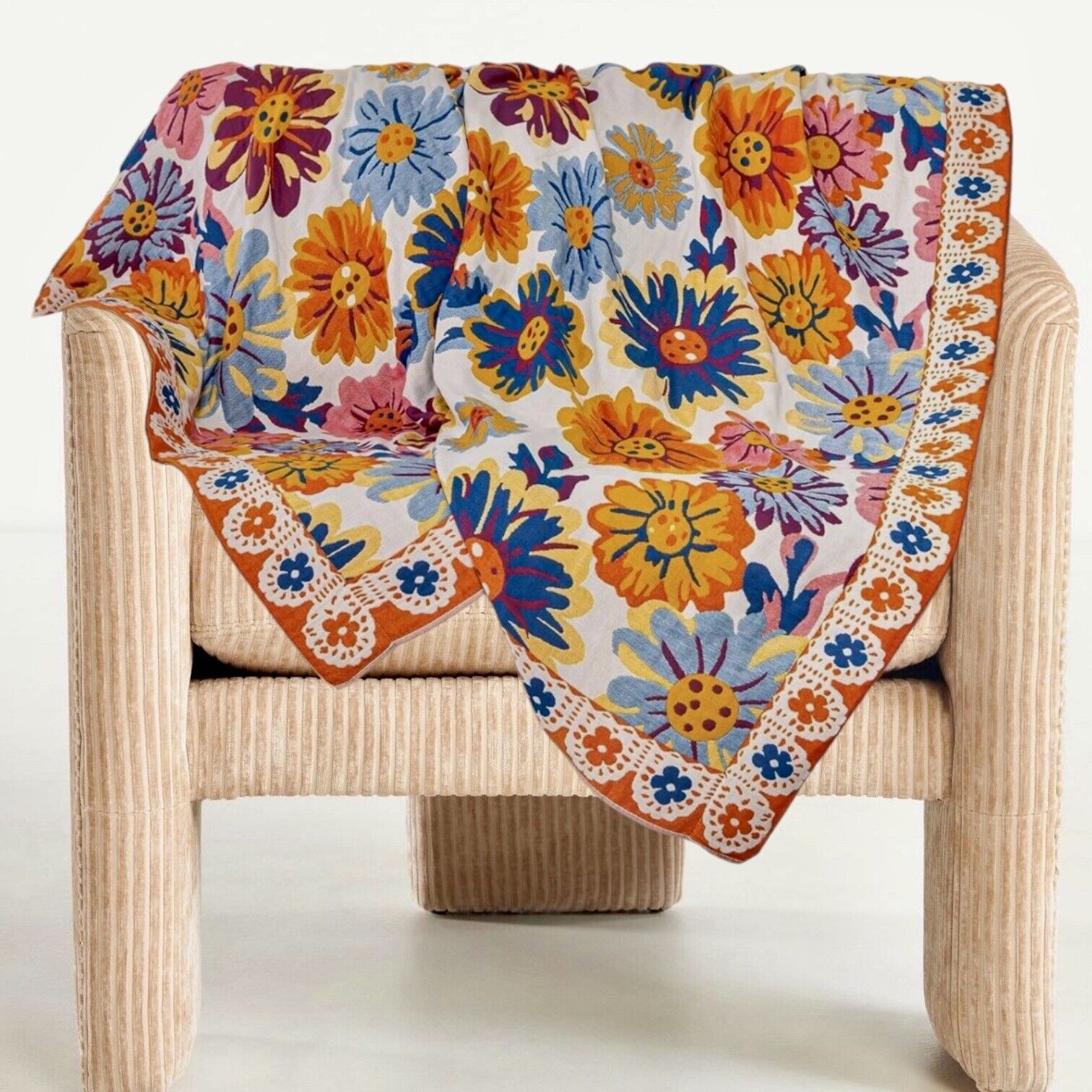 NEW Anthropologie XL Boho Floral Reversible Blanket Bedspread Quilt - 80" x 92"