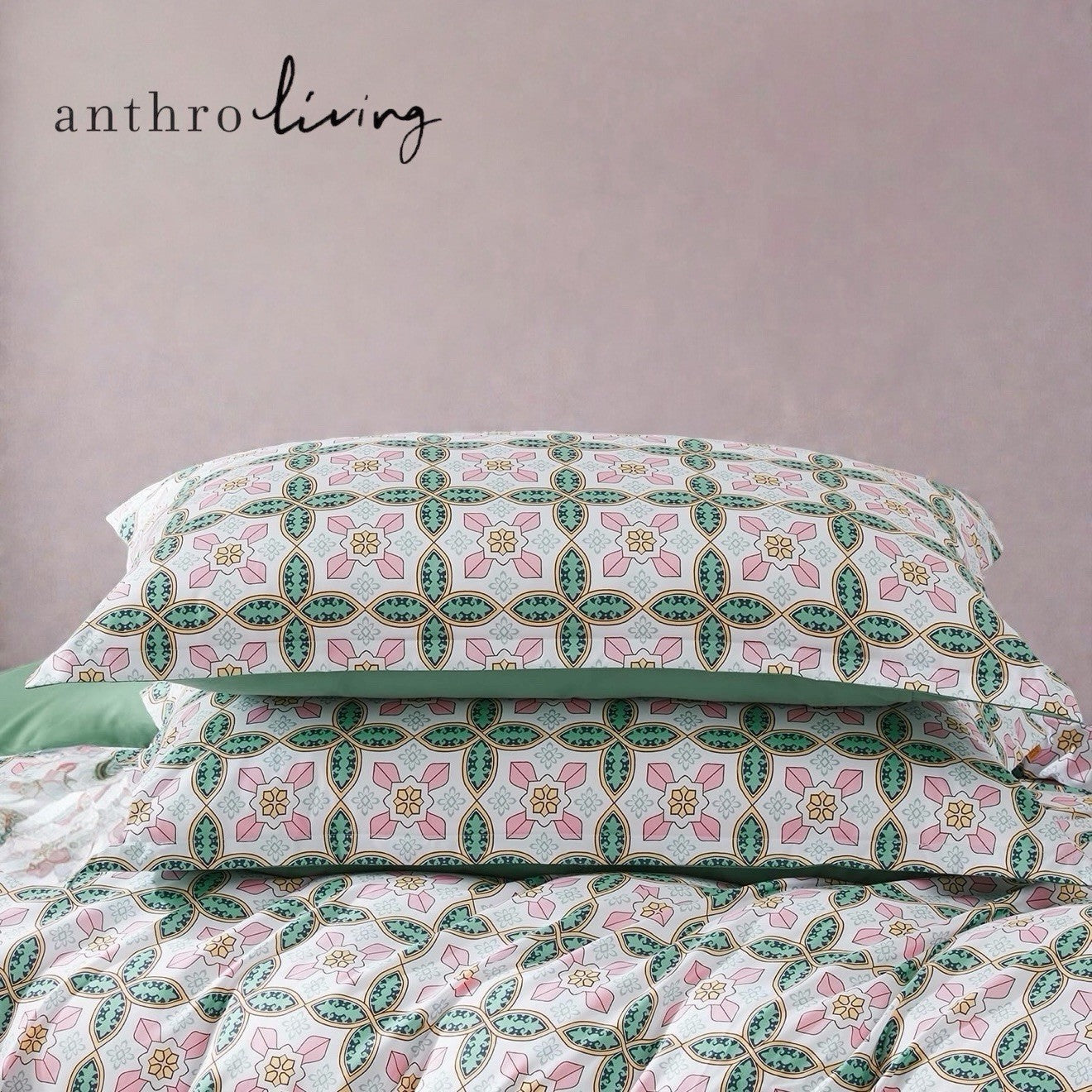 NEW Anthro Green Pink Paisley Retro Pattern Queen King Bedding Duvet & Sham Set