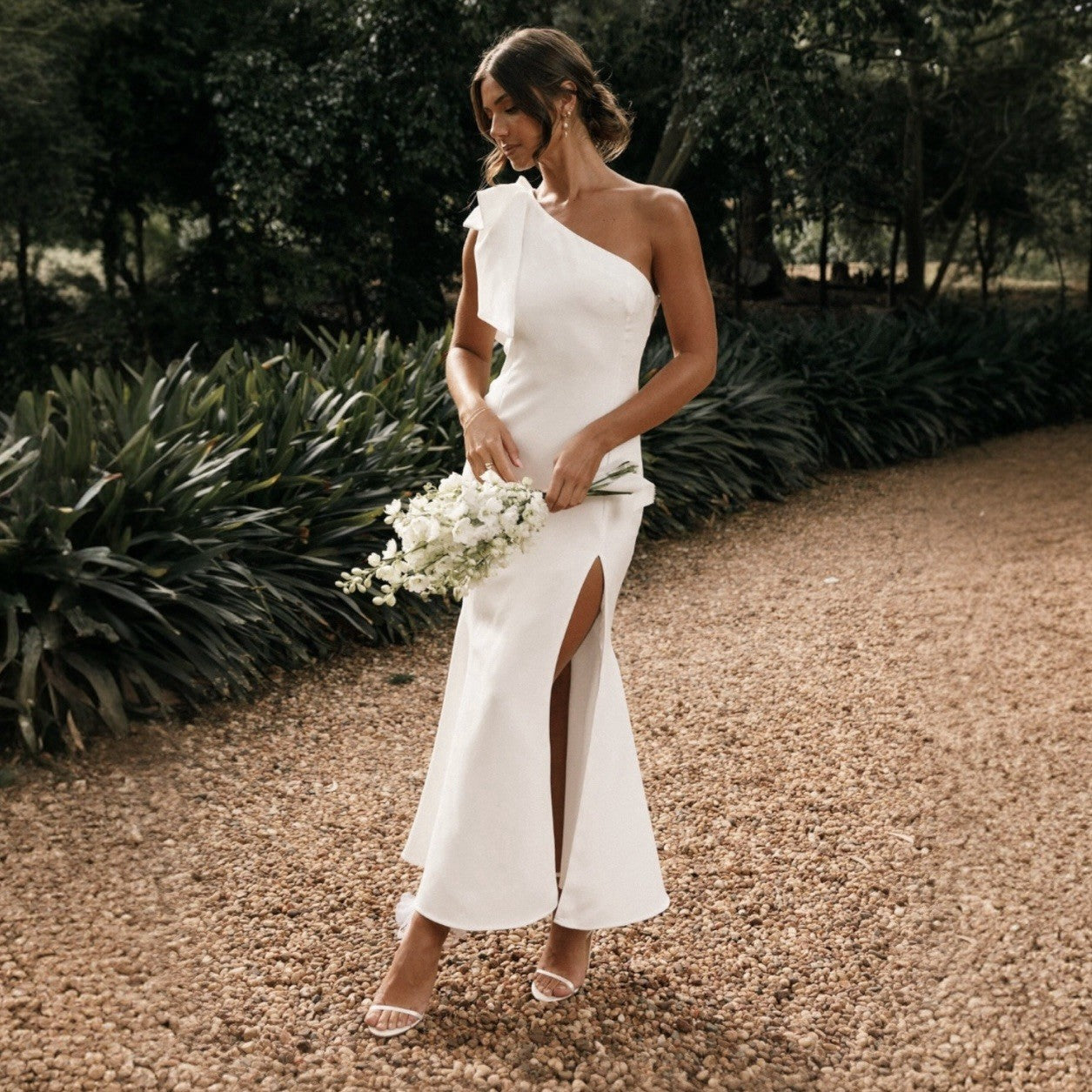 NEW Anthro / Petal & Pup White One Shoulder Midi Cocktail Dress Gown Small XS