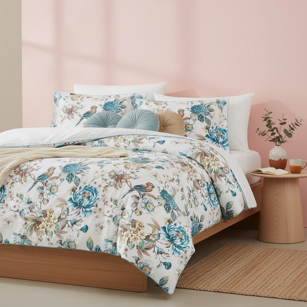NEW Anthro White Blue Floral Bird Cotton Boho Queen King Bedding Duvet Sham Set