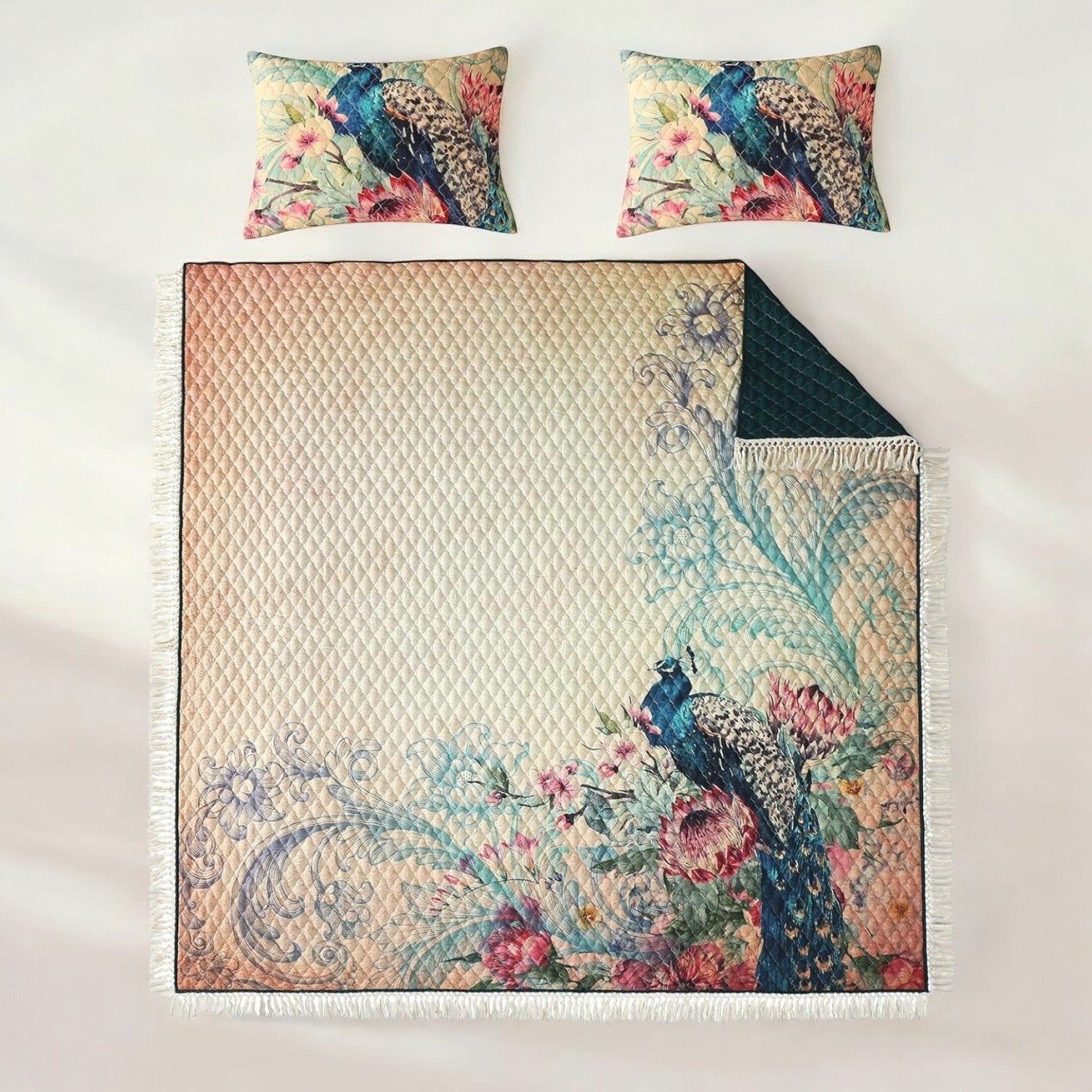 NEW Anthropologie Peacock Tassel Fringe Boho Quilt Bedspread Bedding & Sham Set