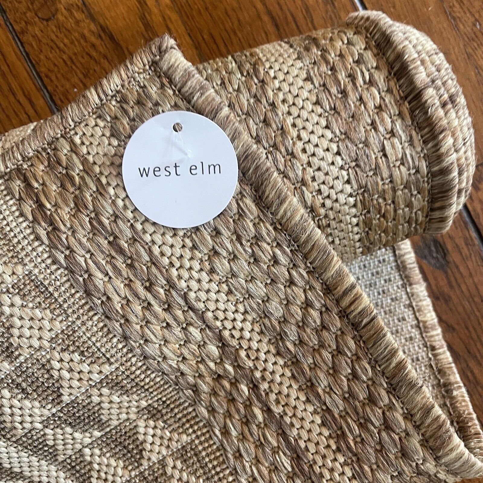 NEW West Elm Tan Woven Boho Jute Style Geometric Indoor Outdoor Area Rug 7' x 9'