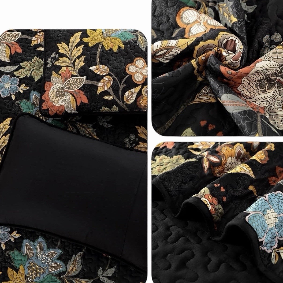 NEW Anthro Black Floral Print Multicolor Boho Queen King Bedding Quilt Sham Set