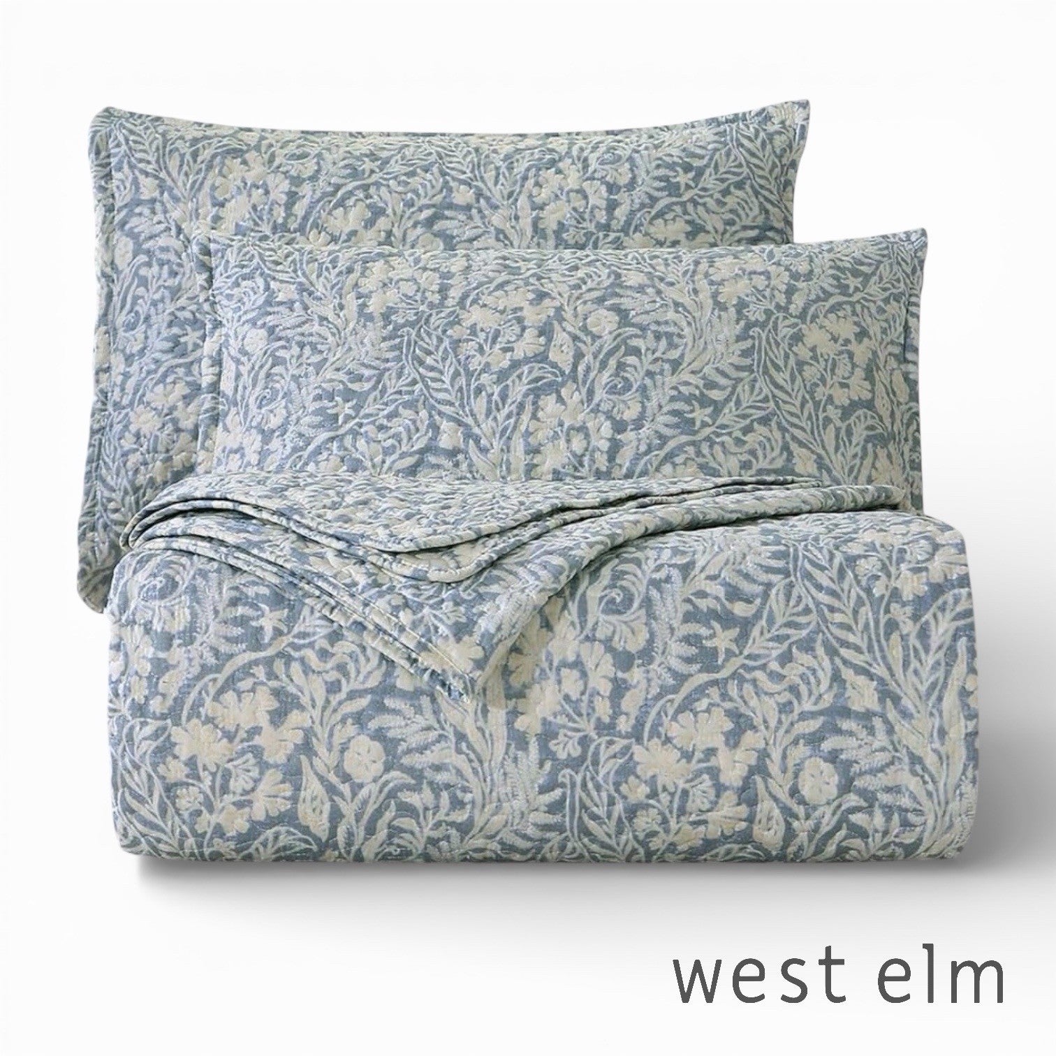NEW West Elm Blue Botanical Boho Print Queen / King Bedding Quilt & Sham Set