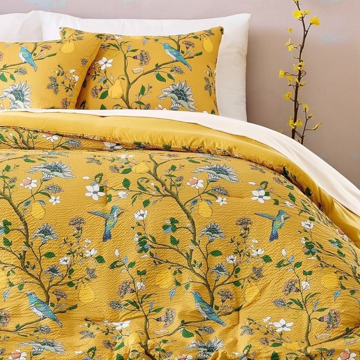 NEW Anthro Yellow Seersucker Floral Queen King Boho Comforter Bedding Sham Set
