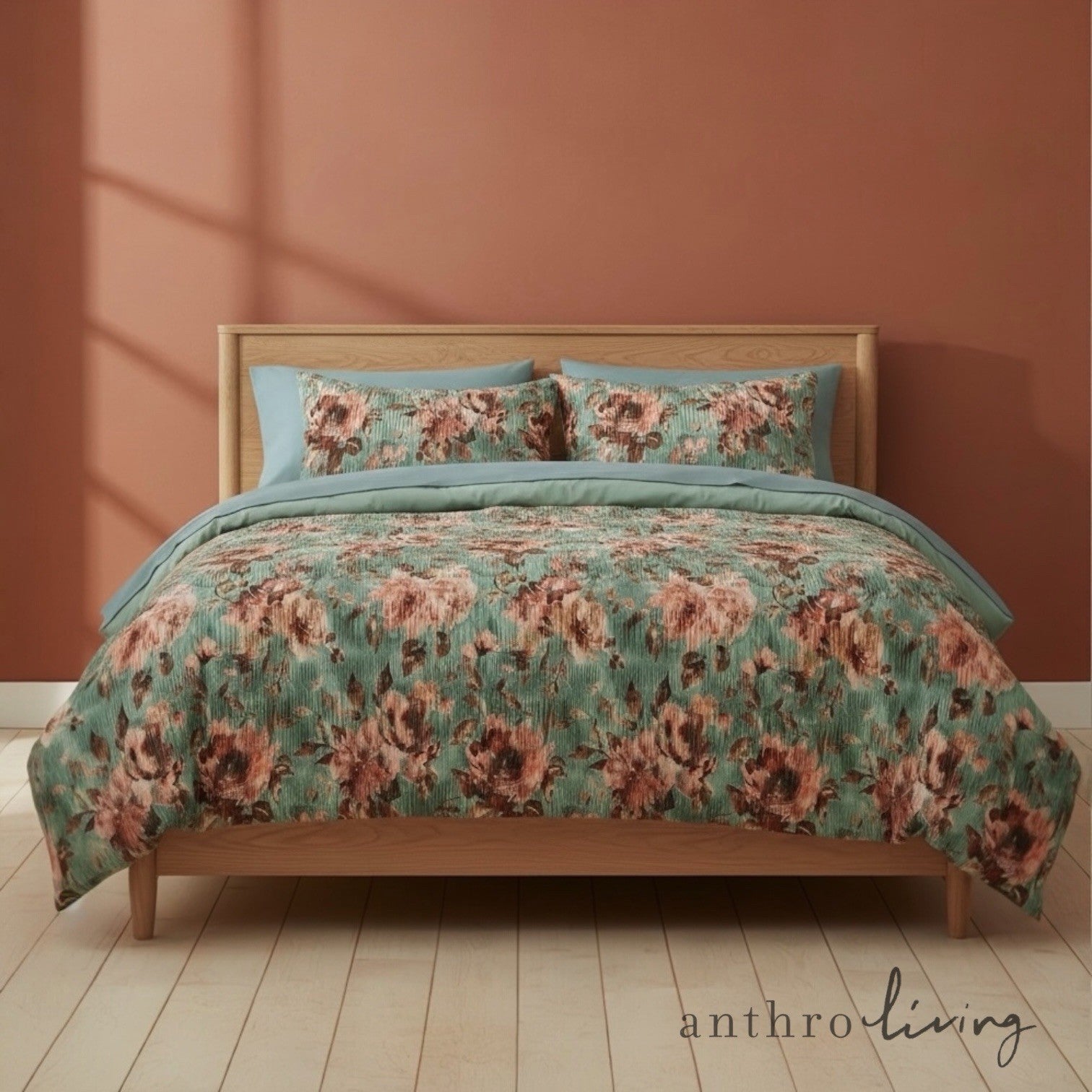NEW Anthro 7 Piece Green Velvet Boho Queen / King Bedding Comforter & Sham Set