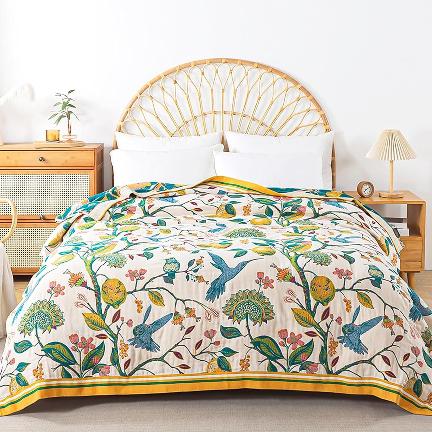 NEW Anthro XL Boho Bird Orange Blue Throw Blanket Bedspread Quilt 80" x 90"