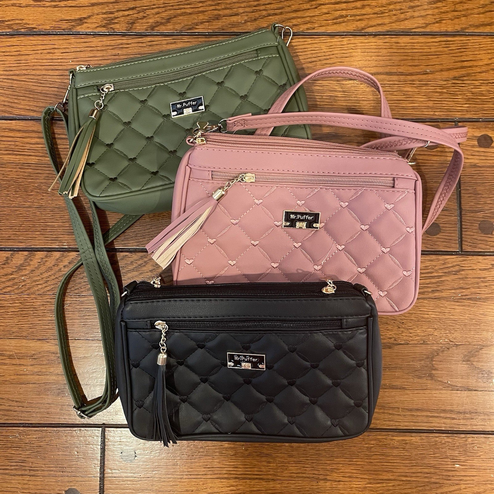 NEW Set of 3 Quilted Pink Green Black & Gold Crossbody Bag Purse Bundle Lot