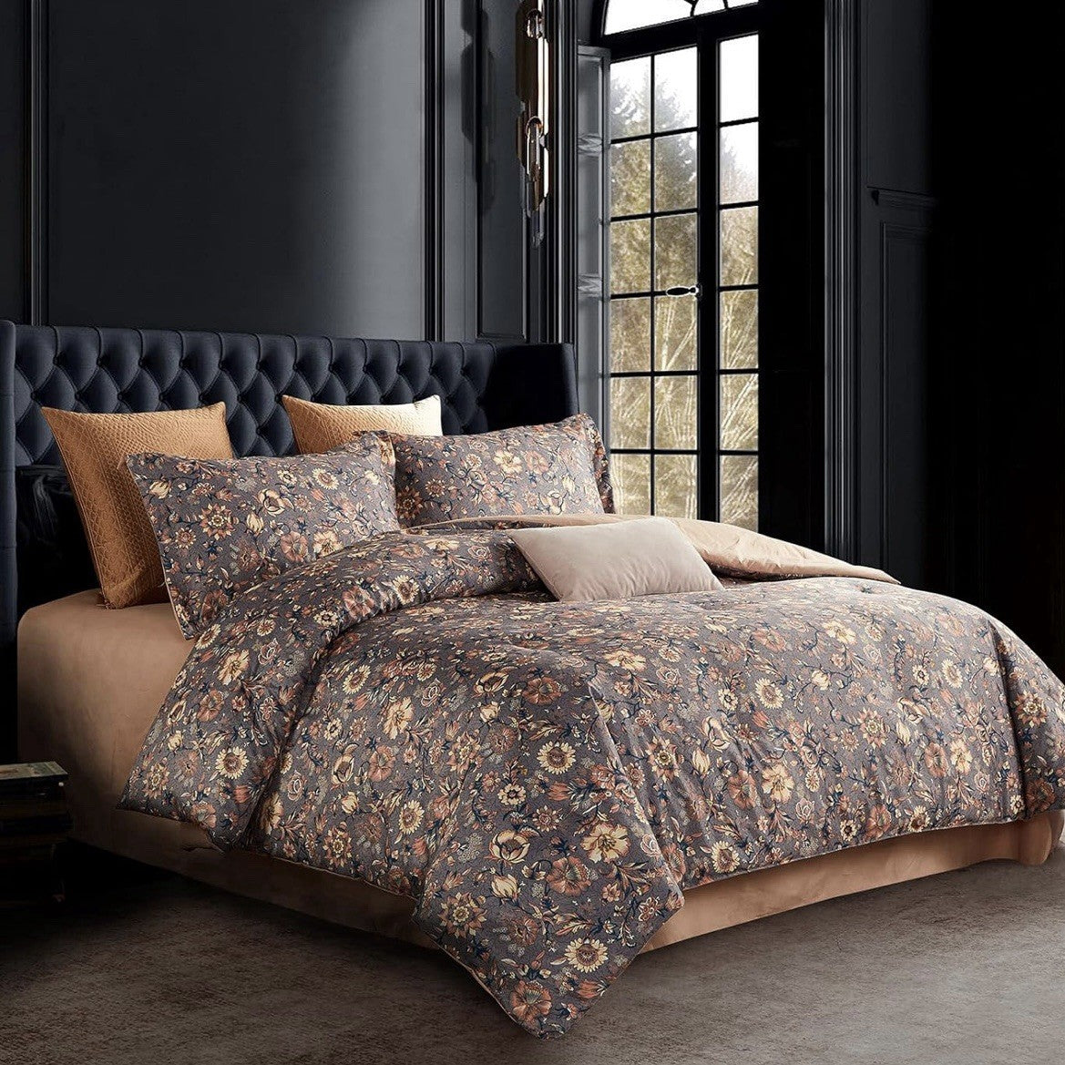NEW Anthropologie Purple Silky Floral Boho Queen Size Comforter Bedding Sham Set