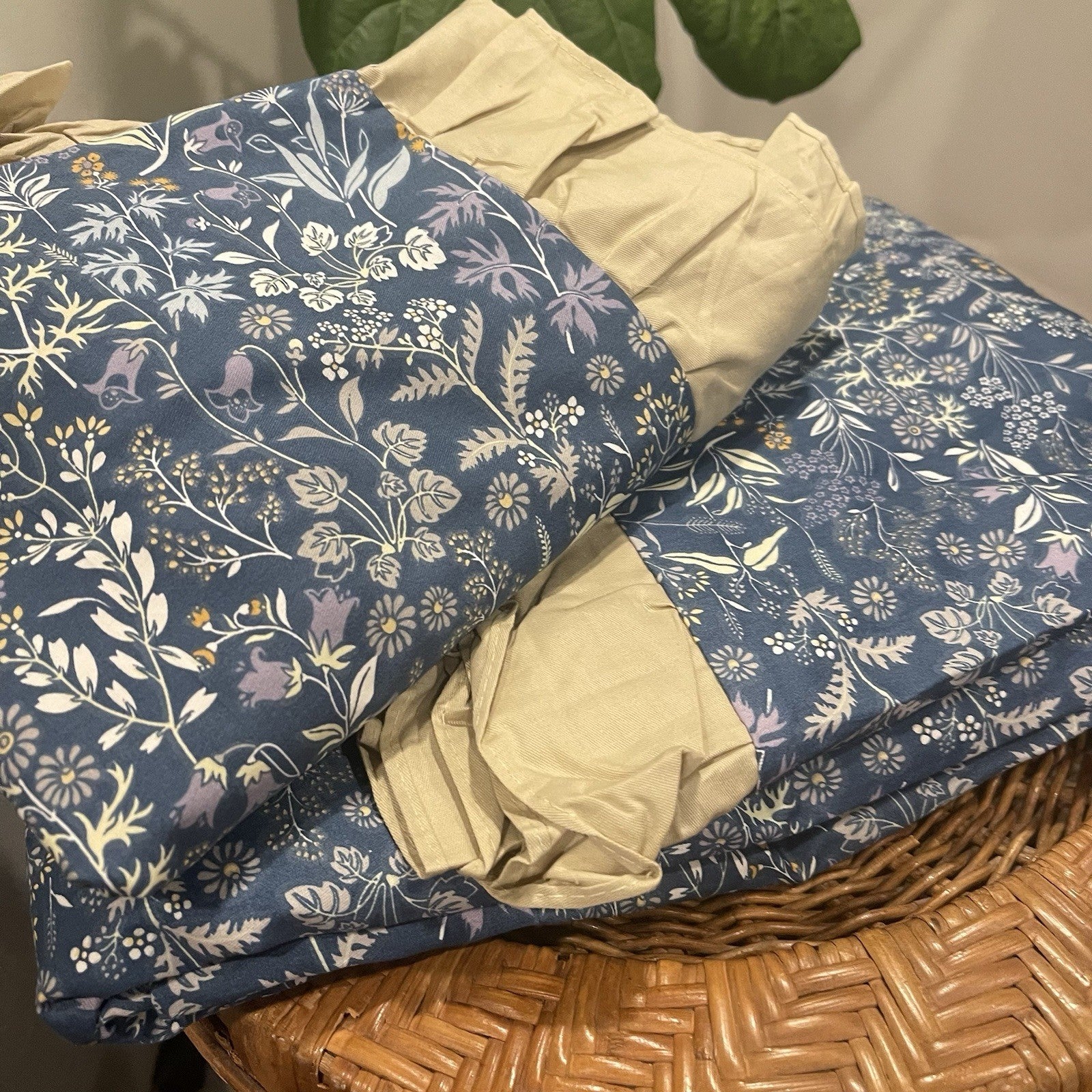 NEW Anthro Blue Yellow Floral Boho Ruffle Queen King Size Bedding Duvet Sham Set