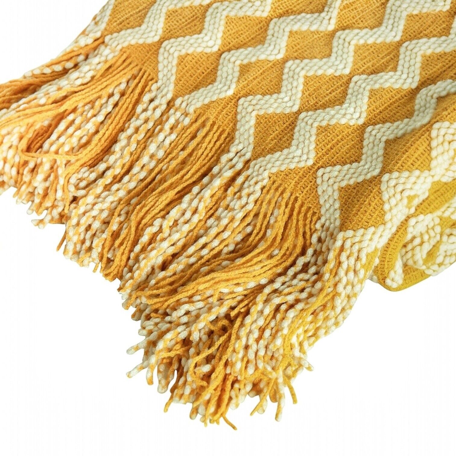 NEW Anthropologie Yellow Boho Tassel Chunky Knit Woven Throw Blanket - 50" x 68"