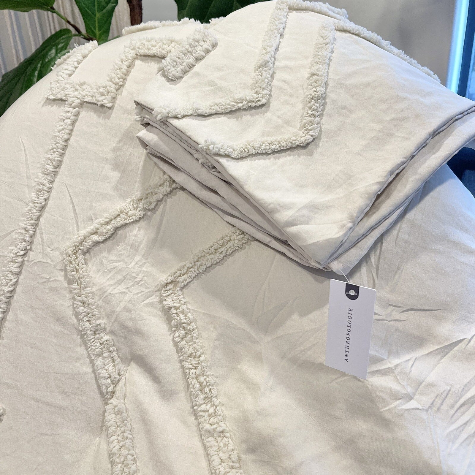 NEW Anthropologie Cream Boho Queen Tassel Comforter Blanket Bedding & Sham Set