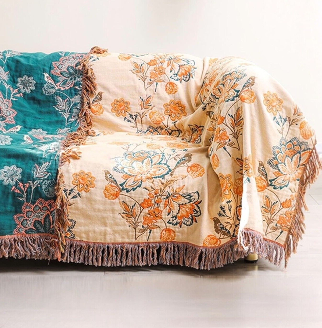NEW Anthropologie Boho Floral Orange Teal Throw Blanket Bedspread Quilt 80 x 90