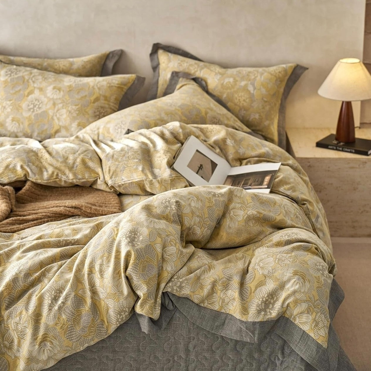 NEW Anthro Yellow Floral Jacquard Queen / King Cotton Bedding Duvet & Sham Set
