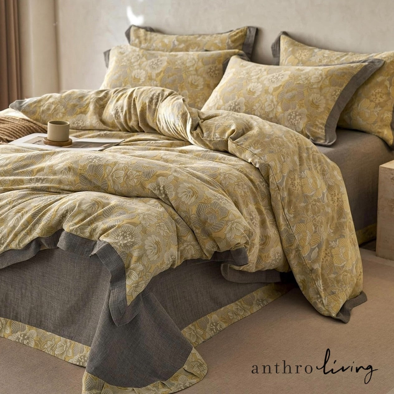 NEW Anthro Yellow Floral Jacquard Queen / King Cotton Bedding Duvet & Sham Set