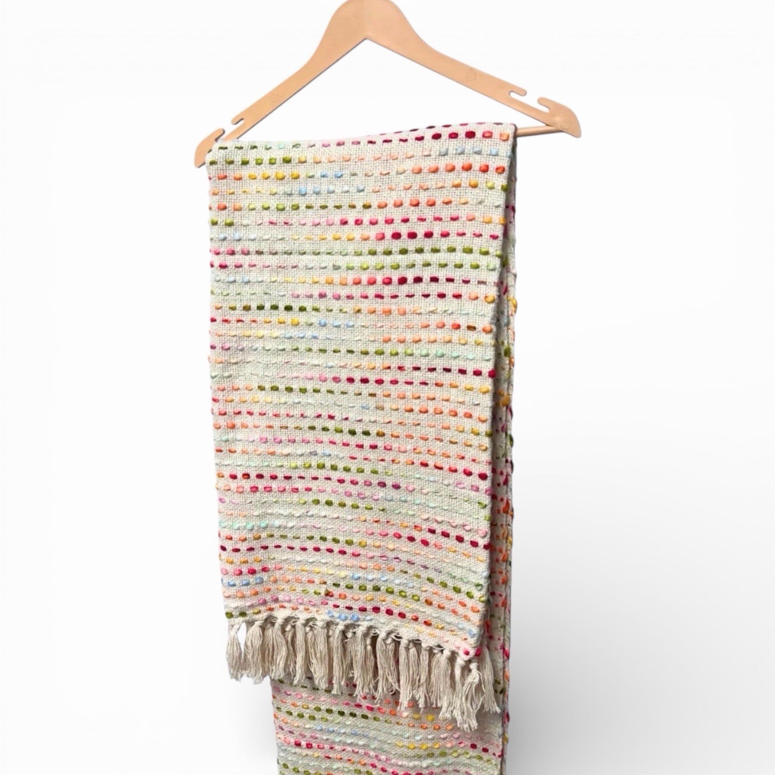 NEW Anthro Beige Rainbow Woven Knit Cotton Boho Tassel Throw Blanket - 50 x 70