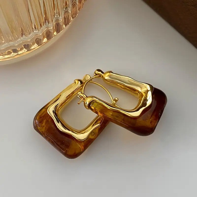 NEW Anthropologie Brown Resin & Gold Plated Chunky Hoop Dangle Earrings Jewelry