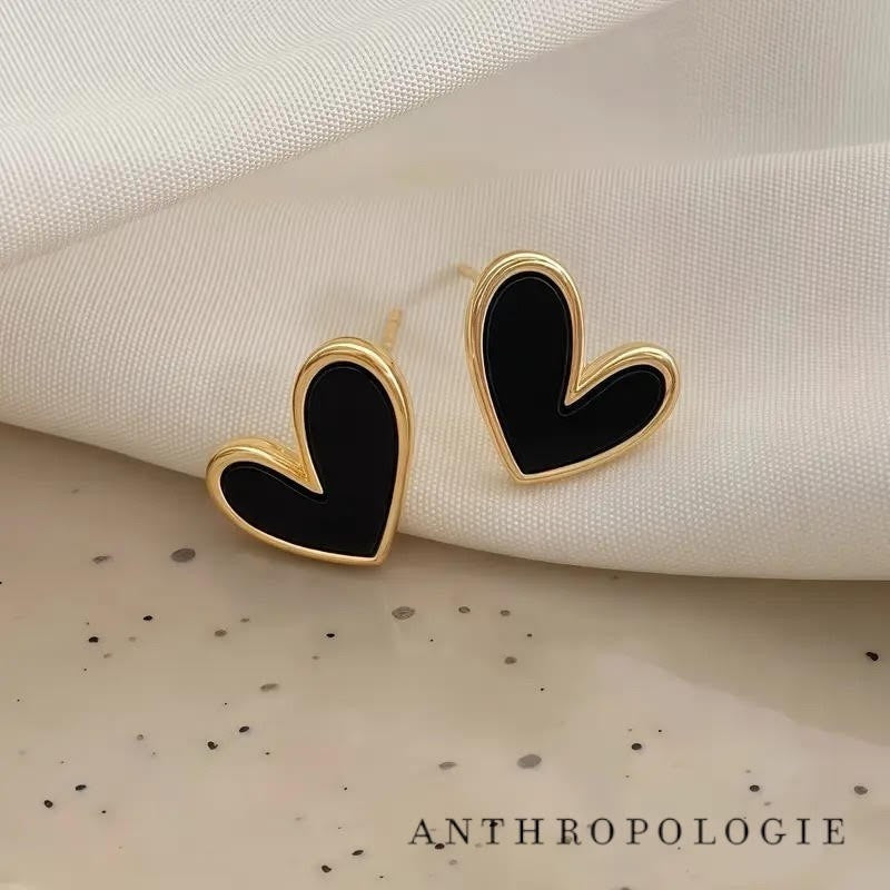 NEW Anthropologie Black & Gold Plated Boho Heart Stud Abstract Earrings Jewelry