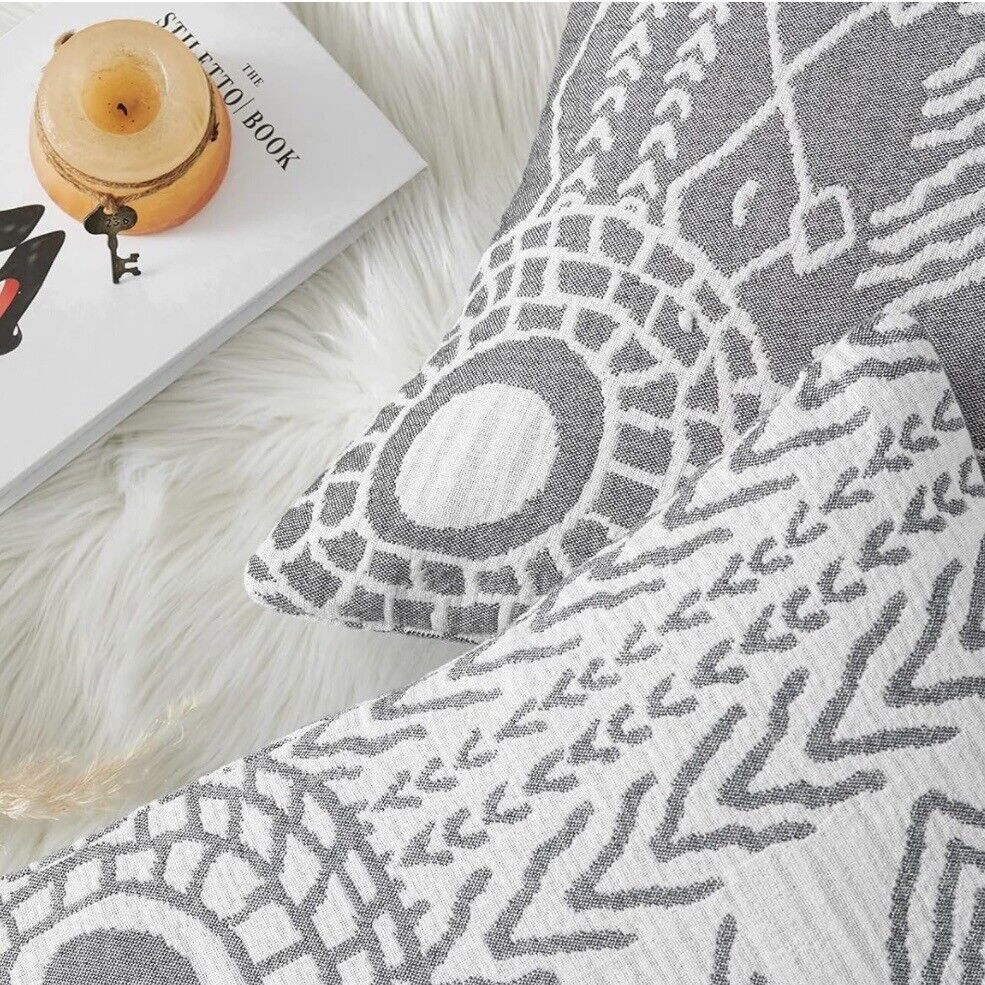 New Anthropologie Set/2 Gray Boho Abstract Throw Pillow Cover Case Sham 18 x 18