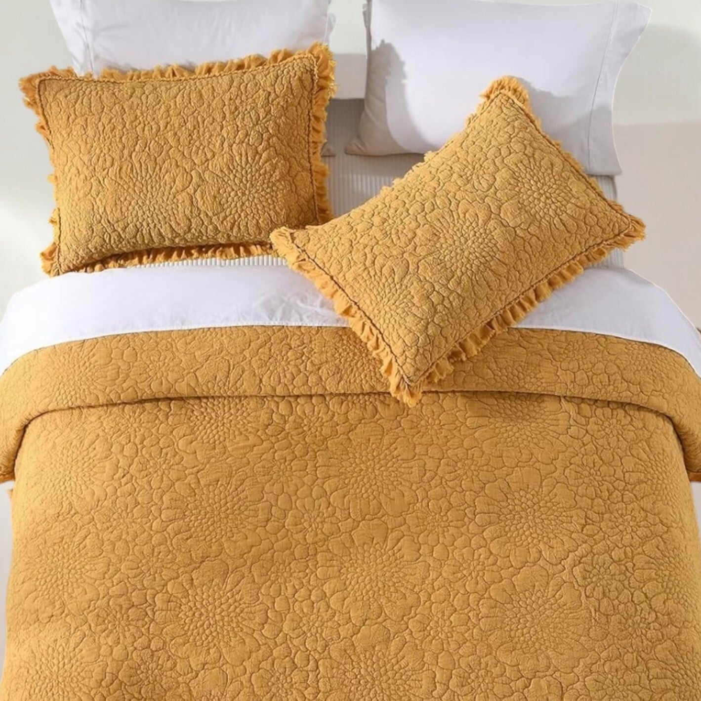 NEW Anthro Orange Yellow Ruffle Crinkled Queen / King Bedding Quilt & Sham Case